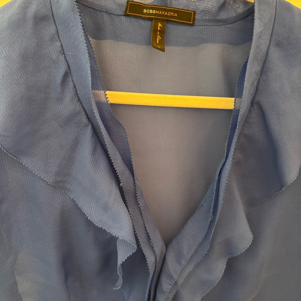 BCBGMaxAzria Silk Royal Cobalt Blue Sheer Blouse size M Ruffles - Picture 2 of 9